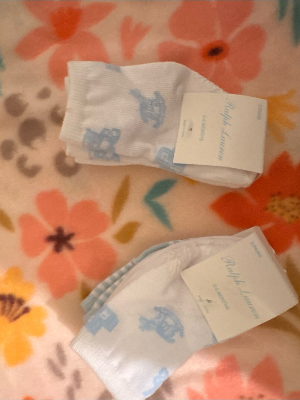 Ralph Lauren White Crew Socks with Light Blue Logo Accents